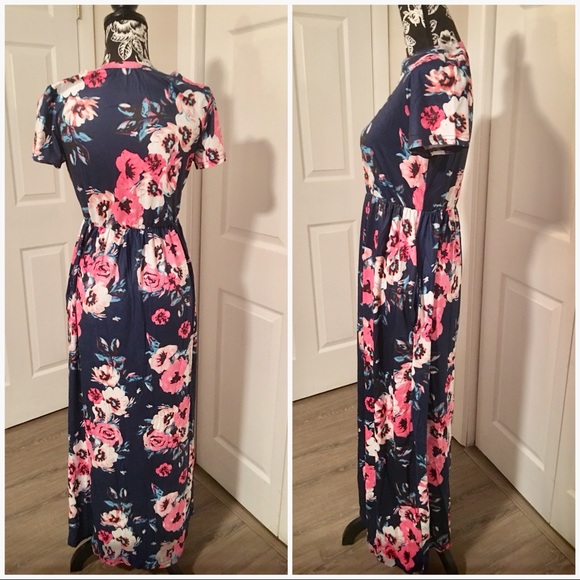 Floral Maxi Dress Navy w Pockets - Picture 3 of 3